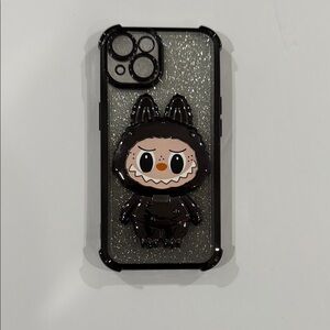 Black Glitter with Mirror fold Open Labubu Phone Case (iPhone 15)